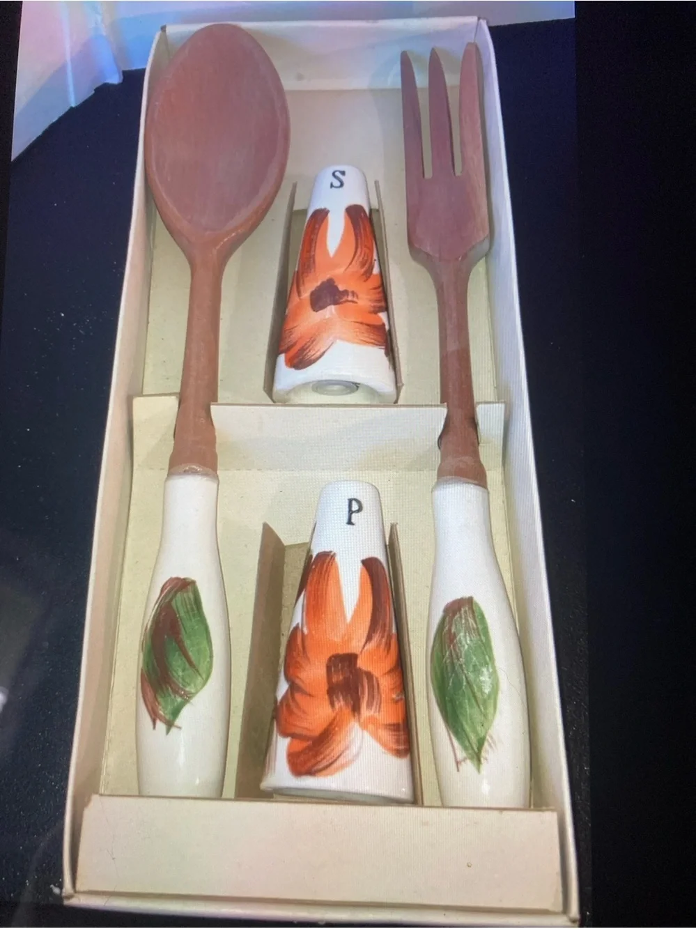 MCM Hand-Painted Ceramic & Wood Salad Serving Set w Salt & Pepper Japan